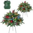 Set of 2 Pre-lit Artificial Christmas Trees with 60 Multi-Color LED Lights, Golden & Red Berries, Cones, Battery Operated Lighted Front Porch Urn Filler Outdoor Christmas Decorations