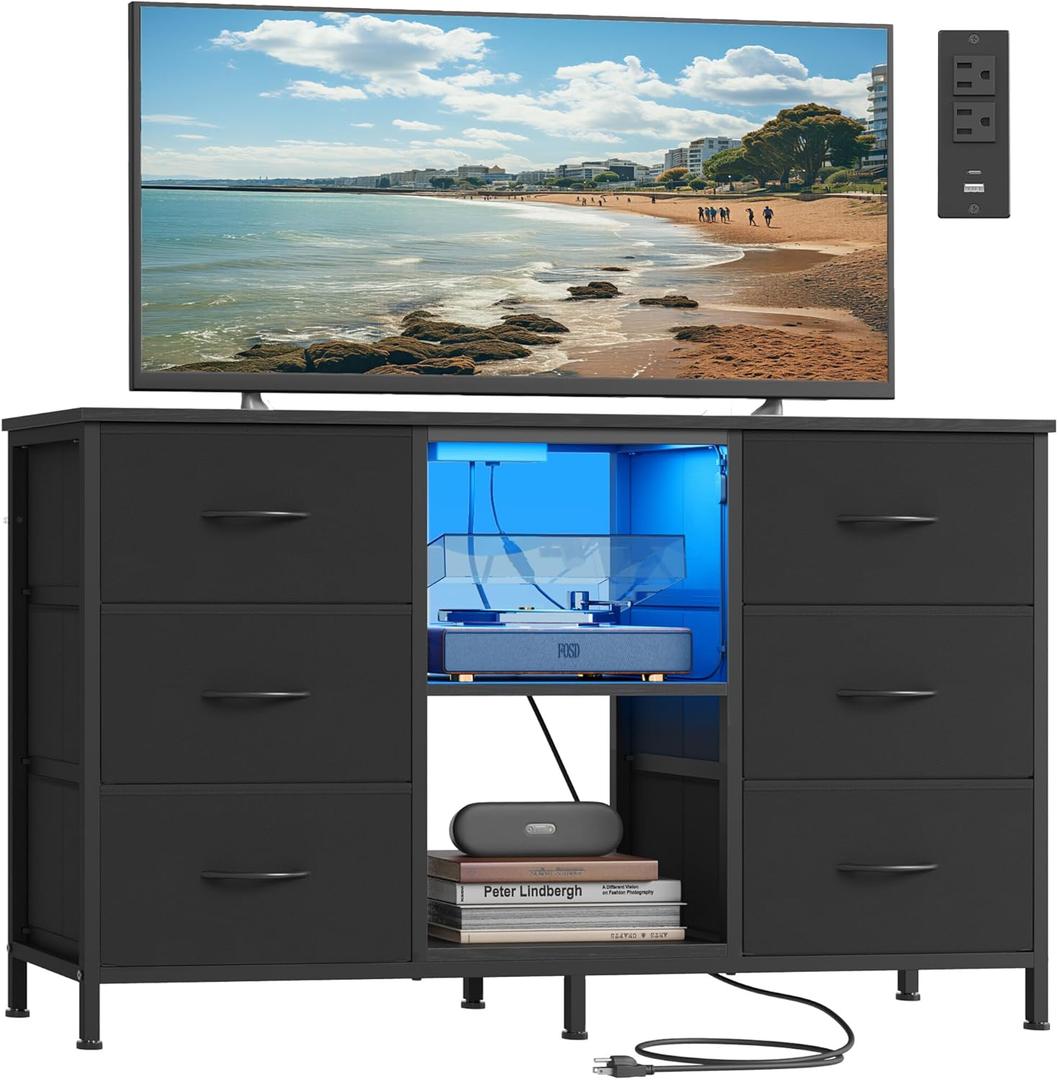 SONGMICS BELLAH Collection - TV Stand for TVs Up to 55 Inches, Dresser for Bedroom, Living Room, Chest of Drawers, Steel, 6 Drawers and 2 Shelves, Modern, Ink Black ULGS032B101S
