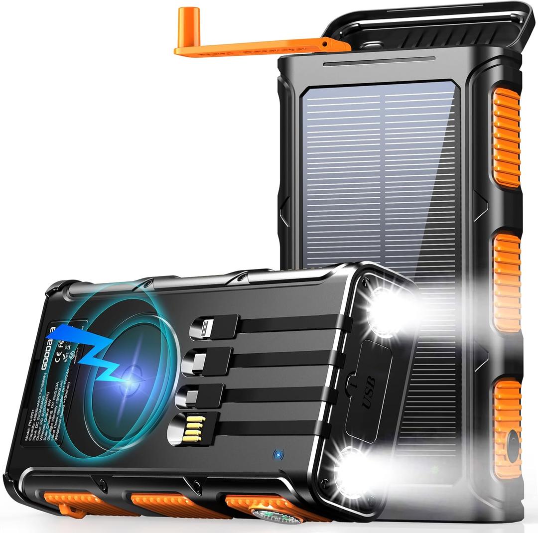 GOODaaa Power Bank Wireless Charger 45800mAh Built in Hand Crank and 4 Cables 15W Fast Charging Power Bank 7 Outputs & 4 Inputs Solar Portable Charger, SOS/Strobe/Strong Flashlights, Compass (Orange)