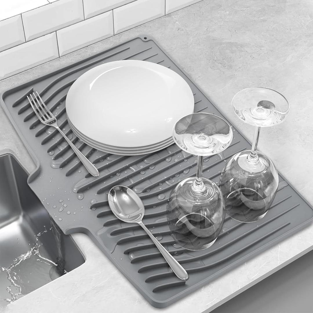 Silicone Dish Drying Mat for Kitchen Counter, Dish Drainer Mat, Non-Slip Drying Pad with Built-in Drain, Kitchen Drying Matt For Counter(18.9" x 11.8", Gray)