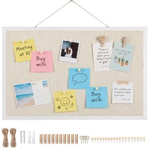 Thboxes Cork Board with Linen, 30" x 20" Double-Sided Bulletin Board Corkboard for Wall Picture Display Framed Vision Boards for Home Office School Pin Boards with 20 Pushpins &10 Clips
