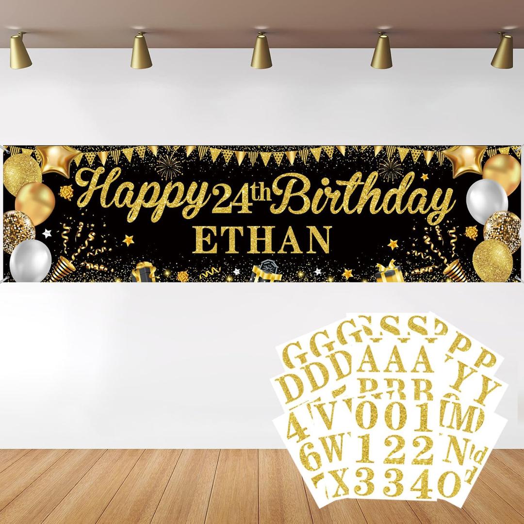 Personalized Birthday Banner for Party, with Name & Ages Option-Custom DIY Alphabet & Numbers Stickers Birthday Party Backdrop Indoor/Outdoor Celebrations (Black Gold)