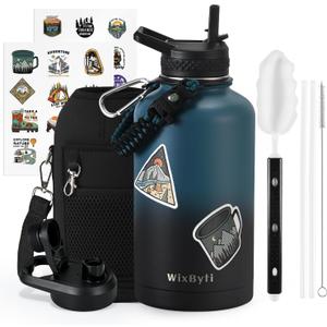 64 oz Insulated Water Bottle with Straw (Cold for 48 Hrs), Half Gallon Stainless Steel Triple Wall Vacuum Sports Water Jug, Leakproof Hydro Cup Flask with Straw Spout Lids & DIY Stickers (Blue/Black Gradient)