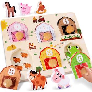 Wooden Puzzles for Toddlers 1-3, Farm Animals Jumbo Knob Safe Chunky Peg Puzzles, Montessori Toys for 1+ Year Old, Number and Color Match, Preschool Learning, Boy Girl Christmas Birthday Gift (Large)