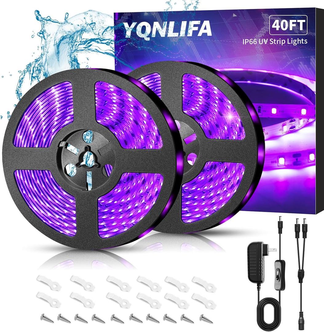 Waterproof 40Ft Black Light Strip, IP65 Black Light Fixtures Kit, 720 LED Strip with 12V Power Supply for Outdoor Indoor Halloween Glow Neon Party Resin Curing Display Cabinet Posters Boat