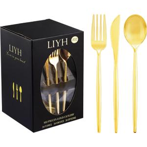 LIYH 102 Pcs Gold Plastic Silverware Disposable, Plastic Gold Utensils Heavyduty - Disposable Cutlery Includes Knives Forks and Spoons for Party, Birthday,Wedding Events