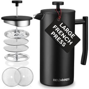 Belwares French Press Coffee Maker 50 OZ - Large Insulated Stainless Steel 304 Coffee Press with Double Wall & 4-Level Filtration System (Black - 1.5L)