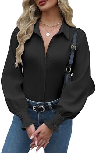 Zeagoo Womens Button Down Shirts Smocked Cuffed Blouses Printed Lantern Shirt Long Sleeve Tops Casual Collar Business Fashion, Medium