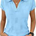 Saodimallsu Womens Short Sleeve Sweater Tops Solid Lapel V Neck Knit Shirt Summer Casual Basic Pullover (Blue, S)