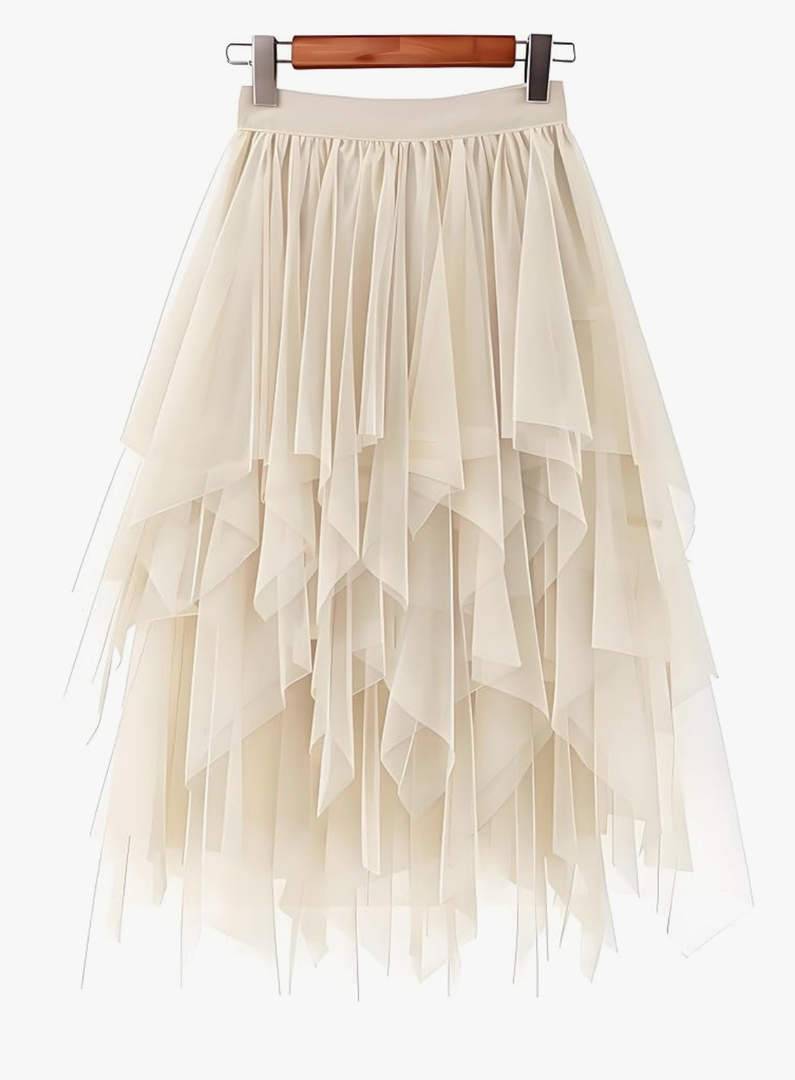 LBKKC Tulle Skirts for Women, Puffy Skirt Asymmetrical Midi Length Ruffled Tutu Layered Mesh Fairy Skirt Small