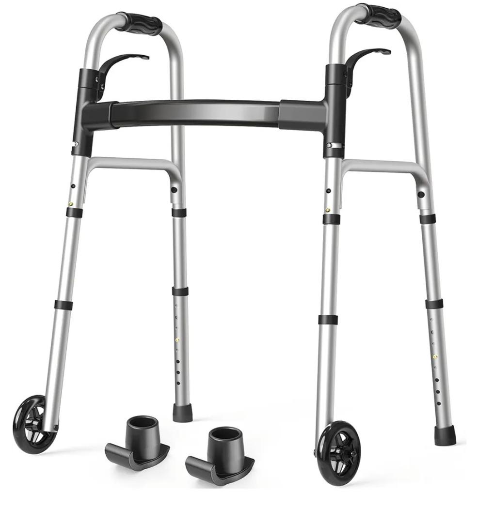 Folding Walkers for Seniors with 2 Skis and 5" Wheels, Lightweight Adult Rolling Walker, Supports Up to 350 Pounds, Adjustable Height, Aluminum Standard Walker, Silver