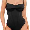 Popilush Corset Bodysuit for Women Tummy Control Shapewear Cowl Neck Tops Thong Bodysuits Concert Outfits.Large