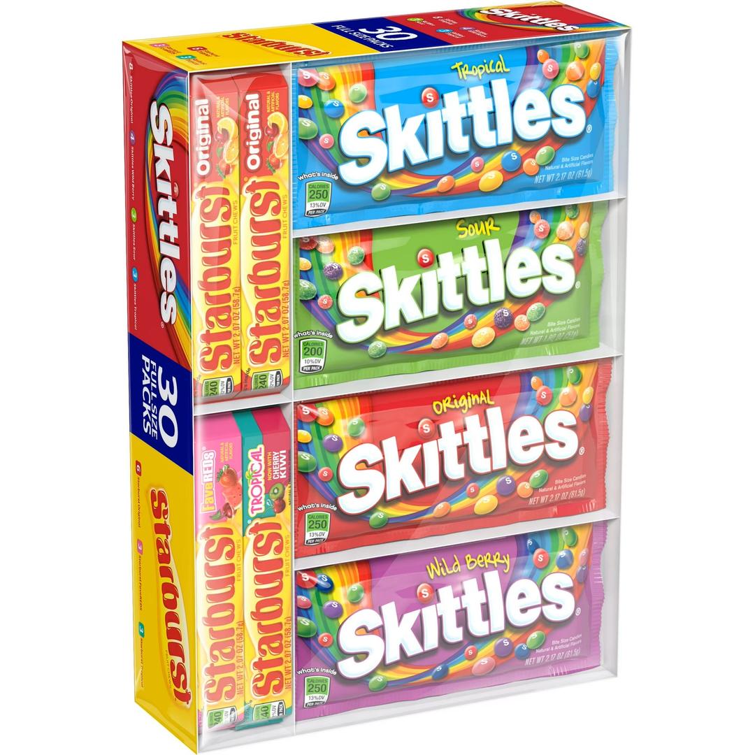 Skittles and Starburst Fruity Candy Variety Box, 30 Single Packs