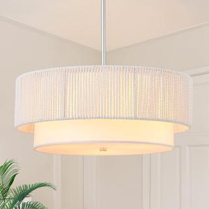 18'' Farmhouse Rattan Chandeliers for Dining Room,3-Light Boho Light Fixtures Rattan Pendant Light Fixture with Fabric Shade Drum Chandeliers for Bedroom Dining Room Foyer Kitchen HallwayWhite