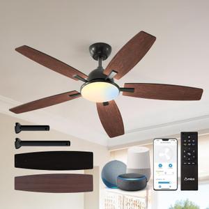 Amico Ceiling Fans with Lights, 52 inch Smart Ceiling Fan with Remote/APP/Alexa Control, Reversible DC Motor, 5 Blades, 6 Speeds, 3CCT, Dimmable, Noiseless, Wifi Ceiling Fan for Farmhouse, Bedroom (Black)