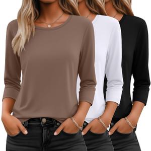 Ficerd 3 Pack 3/4 Sleeve Tops for Women Round Neck Dressy Basics Tees Casual Trendy Loose Fit T Shirts (Brown, L)