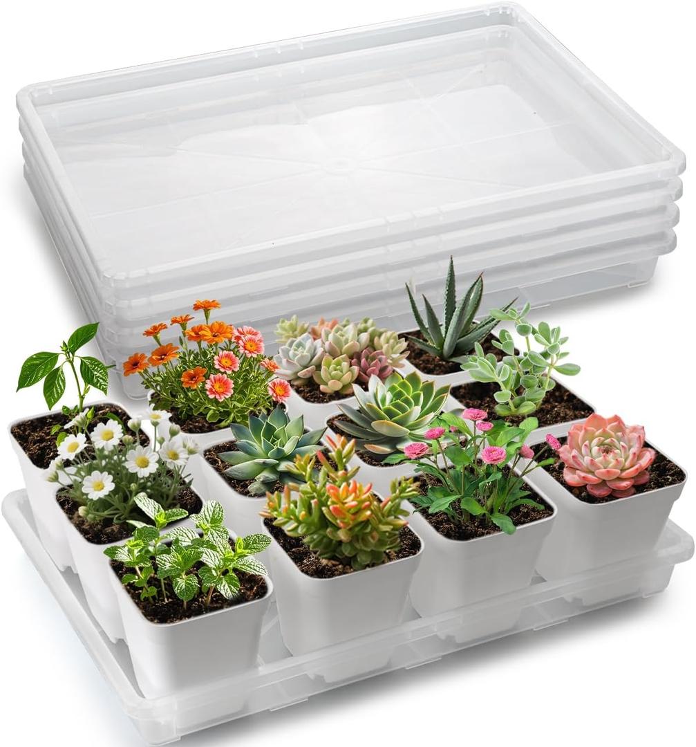 RooTrimmer Clear Seed Starter Trays 5 Pack(17"x11"x2"), Reusable Plastic Carrying Seedling & Nursery Trays, Durable Flat Pots Trays, Transparent Square Tray for Planting and Collecting Drainage Water, Clear, Holding Trays-5P