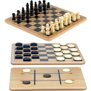 Regal Games - Reversible Wooden Board for Chess, Checkers & Tic-Tac-Toe - 24 Interlocking Wooden Checkers and 32 Standard Chess Pieces - for Age 8 to Adult for Family Fun (10,5 Inch - Reversible)