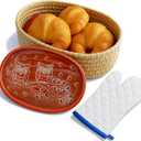 Bread Warmer Basket with Terracotta Stone  Includes Oven Mitts  Keeps Bread Warm  Rustic Gift for Holidays, Housewarming, Dinner Parties  Handwoven Natural Look  Kitchen Table Accessory