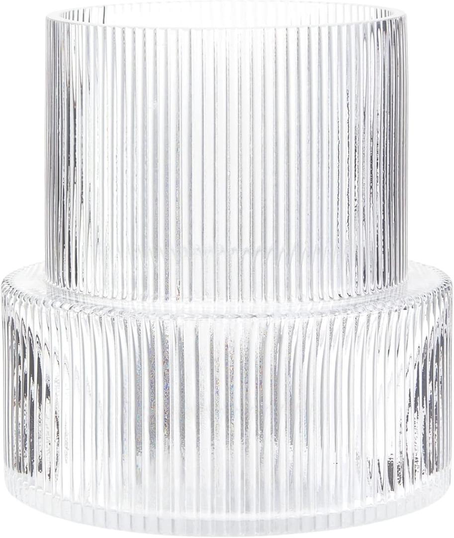 Ribbed Glass Vase, Flower Vase, Fluted Clear Vases for Flowers, Modern Vases for Living Room, Dining Table, Entryway, Shelf, Wedding, Office, Coffee Table, Birthday, 7.5 Inches