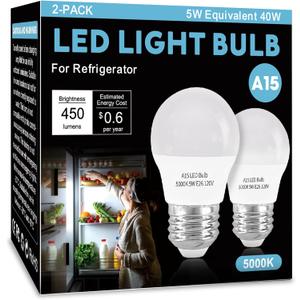 LED Refrigerator Light Bulb 2 Pack Daylight White 5000K 120V 40W Equivalent Appliance BulbA15 5W E26 Base Waterproof Fridge Light Bulbs for Freezer Home Lighting, Small Light Bulb, Dimmable