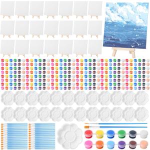 Qilery 24 Set 6 x 6 Inch Canvas Boards and Easel for Painting, Acrylic Paint Strips, Palettes, Brushes, Canvases Painting Kits for Kids Adults Artists Beginners Oil Acrylic Painting Party Favors (5.9" x 5.9")