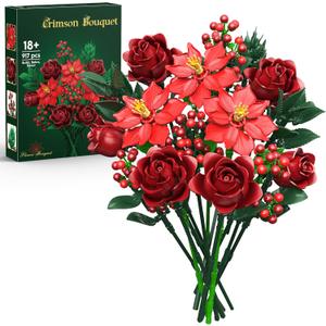 JOJO&Peach Valentines Flowers Rose Bouquet Building Set for Adults, Artificial Poinsettia Botanical Collection for Home Office Display, Festive Birthday Gift Toy for Women, Girl and Teen 18+ (917PCS)