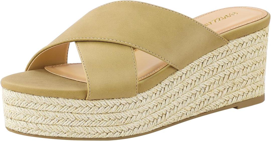 PIZZ ANNU Women's Misty Criss Cross Platform Wedge Sandals Open Toe Espadrille Heels Sandals for Casual Summer Slide Shoes (7, Camel)