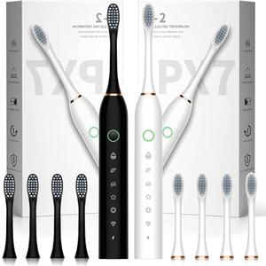 2 Pack Electric Toothbrush with 8 Brush Heads, 6 Modes 42000vpm, IPX7 Waterproof, Sonic Electric Toothbrush for Adults and Kids Black+White