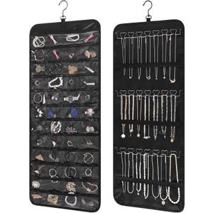Bloss Hanging Jewelry Organizer with 48 Pockets, Double-Size Hanging Jewelry Holder with Hanger Hooks, Jewelry Organizers and Storage for Earrings, Necklaces and Rings.(All Black)