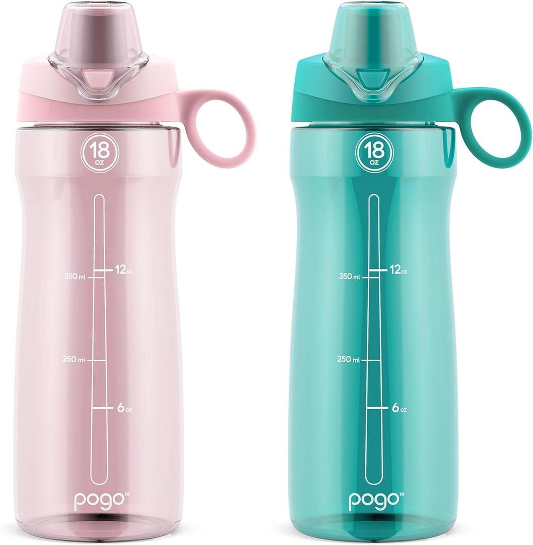 Pogo 2-Pack Plastic Water Bottle with Carry Handle, Reusable, BPA Free, Dishwasher Safe, Perfect for Travel, School, Outdoors, and Gym | 18oz, 32oz (Aquaviva/Pink Satin)