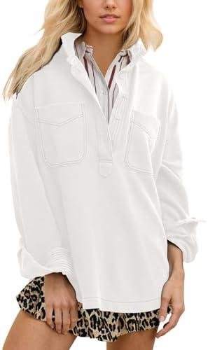 Locachy Women's Casual Oversized Polo Neck Sweatshirt Lapel Long Sleeve Button Pullover Tops Fashion Outfits Clothes Size XL