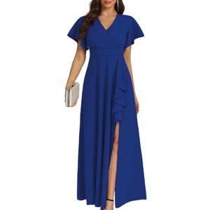 COOAN Women's Black Long Formal Dresses Cocktail Wedding Guest Dress Ruffle Split Elegant V Neck Party Gowns, Large