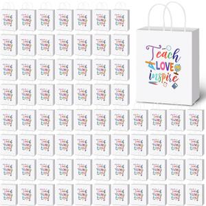 Teling 100 Pcs Teacher Appreciation Gifts Bags Bulk love teach Kraft Paper Thank You Wrap Gift Bags with Handles for Graduation Party Employee teachers Day, 5.9 x 8.3 x 3.2 Inches