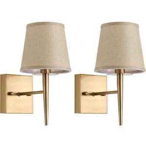 Set of 2 Mid-Century Modern Wall Sconce with Fabric Shade| 1-Light Antique Gold Indoor Wall Lamp Fixture| Hallway Bathroom Vanity Light Sconces Mirror Cabinet Stairway Wall Lights (Linen)