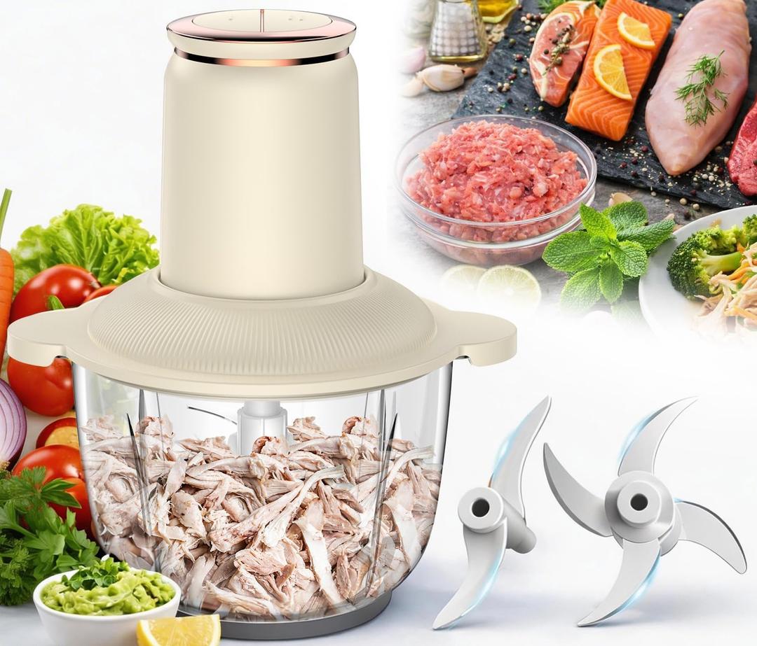 Food Processors 300W Electric Chicken Shredder Meat Grinder with Dual Blades and Full Copper Motor, 2L Food Chopper for Meat/Cooked Chicken Breast/Fish/Vegetable/Baby Food/Pet Food(Large) (2L) Beige