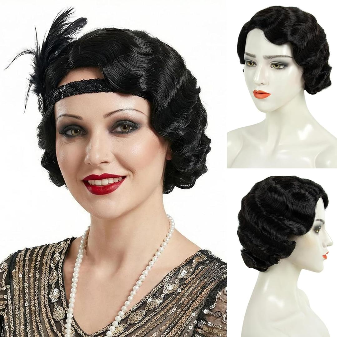 STfantasy 20S Finger Wave Wig Flapper Curly Synthetic Hair for Women 1920s Cosplay Costume Halloween Party Daily Everyday Wear (Black)