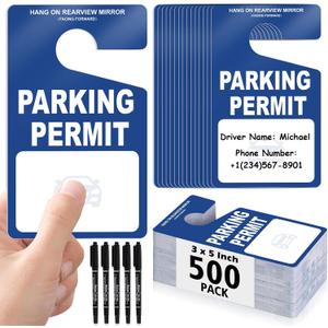 500 PCS Plastic Parking Permit Hang Tags Red Blank Rearview Mirror Placards Thick 18 Mil Waterproof PVC 3x5 Inch Single-Sided Printing with 5 Marker Pens for Temporary Parking Passes (500, Blue)
