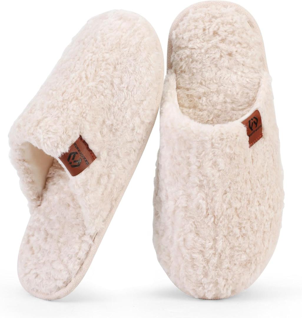 Womens Fuzzy Scuff Slippers, Comfy Supportive Foam Slip-On House Shoes for Indoor Bedroom (7-8, Off-white)