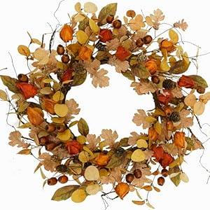 AMF0RESJ Artificial Fall Wreath for Front Door Autumn Wreath with Golden Eucalyptus Leaves, Oak Leaves for Indoor Outdoor Farmhouse Home Wall Window Festival Wedding Decor