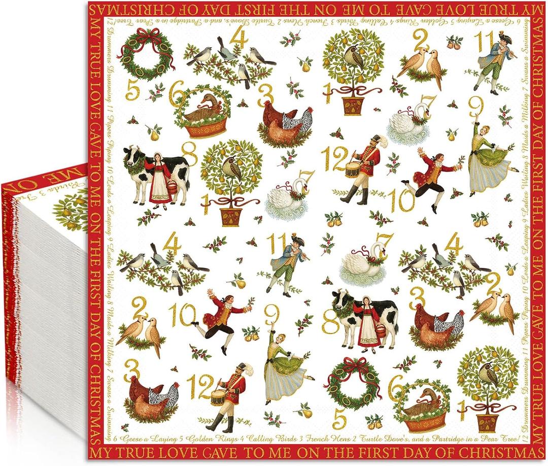 Epakh 100 Pcs 12 Days of Christmas Cocktail Napkins Disposable Paper Cocktail Decoupage Napkins Bulk Funny Guest Towel for Party Dinner Tableware Supplies
