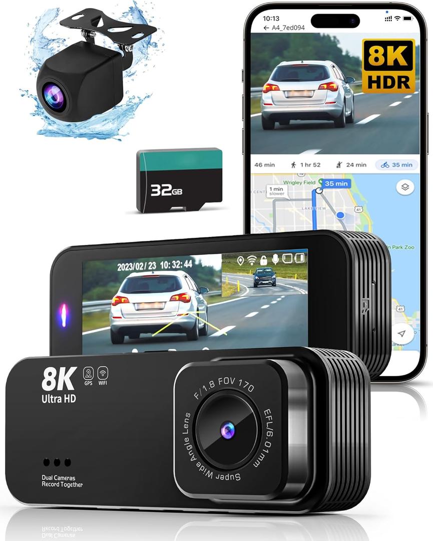 Dash Cam Front and Rear, 8K/2.5K UHD Dash Camera for Cars, Dash cam with 32GB Card, Built-in Wi-Fi & GPS, 3.16IPS Screen, Night Vision, 170Wide Angle, WDR, 24H Parking Mode