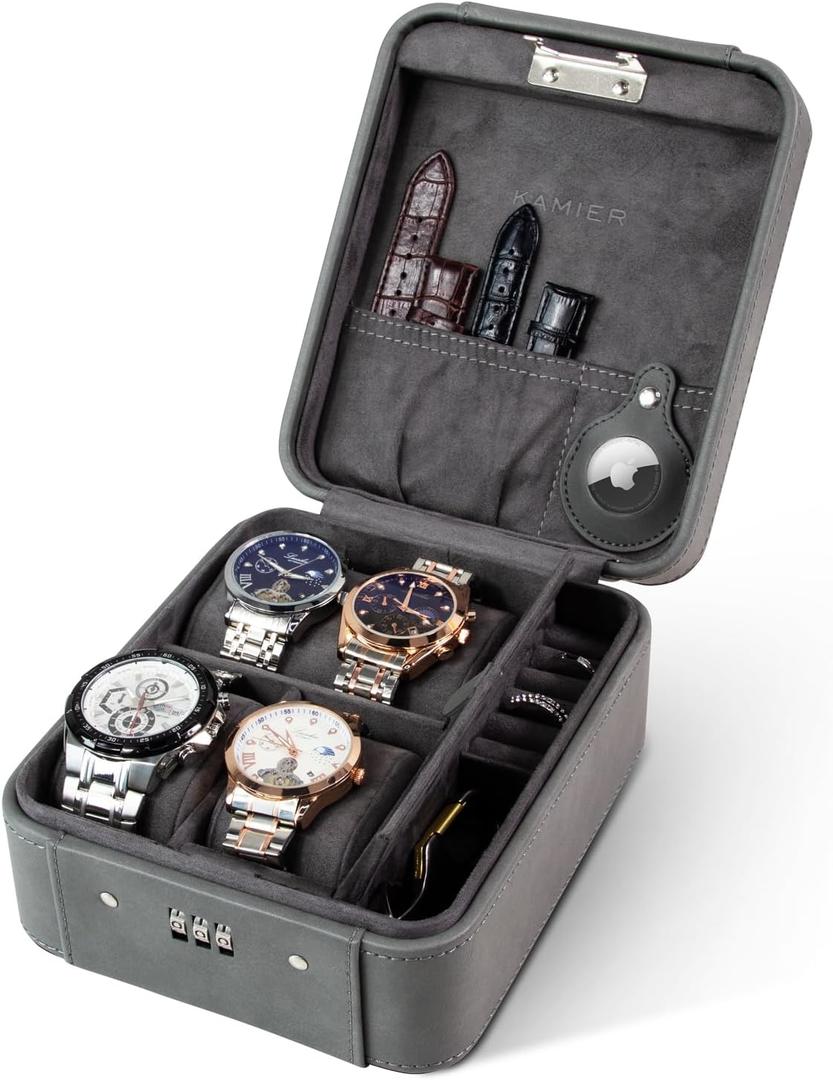 KAMIER Watch Case with Combination Lock - 4 Watch Storage and Jewelry Organizer - Watch Travel Case for Ring and Watch Storage, PU Leather Travel Watch Case, Ideal for Gift (With Gift Box), Grey