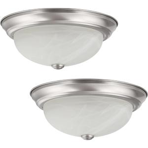 Aspen Creative 63023-09-2, 2-Light Flush Mount, Brushed Nickel Finish w/Alabaster Glass, 13" Dia, E26 Socket, 60 Watts, Bulb Not Included, Set of 2