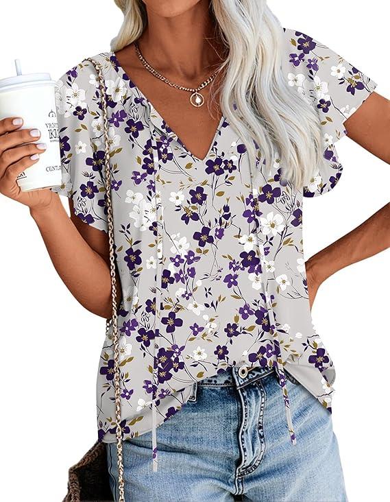 Anydoll Womens Summer Blouse 2026 Boho Short Sleeve Tops V Neck Casual Dressy Chiffon Shirts XL