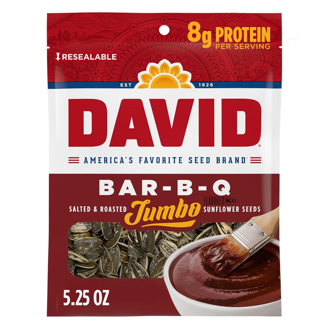DAVID Jumbo Sunflower Seeds, Bar-B-Q Flavor, Stocking Stuffer, 5.25 oz. (5.25 Ounce (Pack of 1))