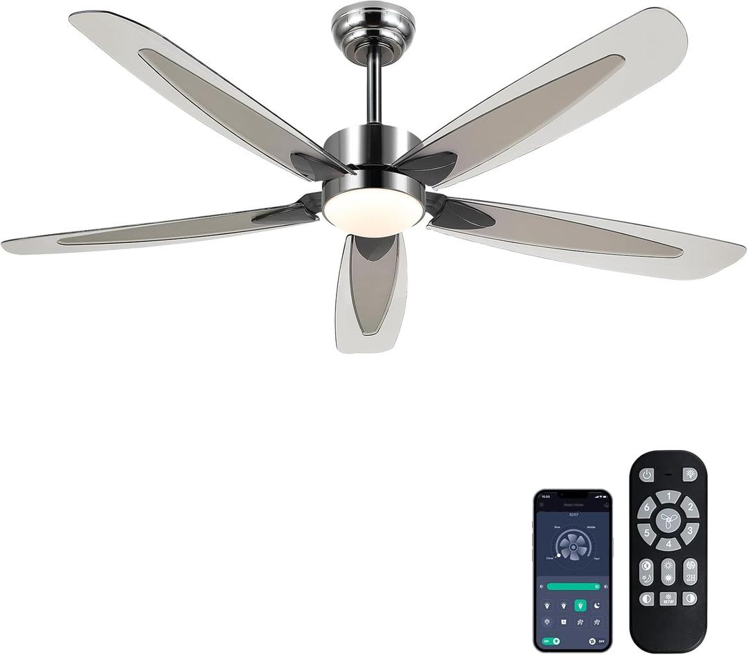 52" Ceiling Fans with Lights and Remote/APP, Outdoor Ceiling Fan with 5 ABS Blades and Reversible DC Motor, Black Modern Ceiling Fan with Light for Indoor, Living Room, Covered Patios