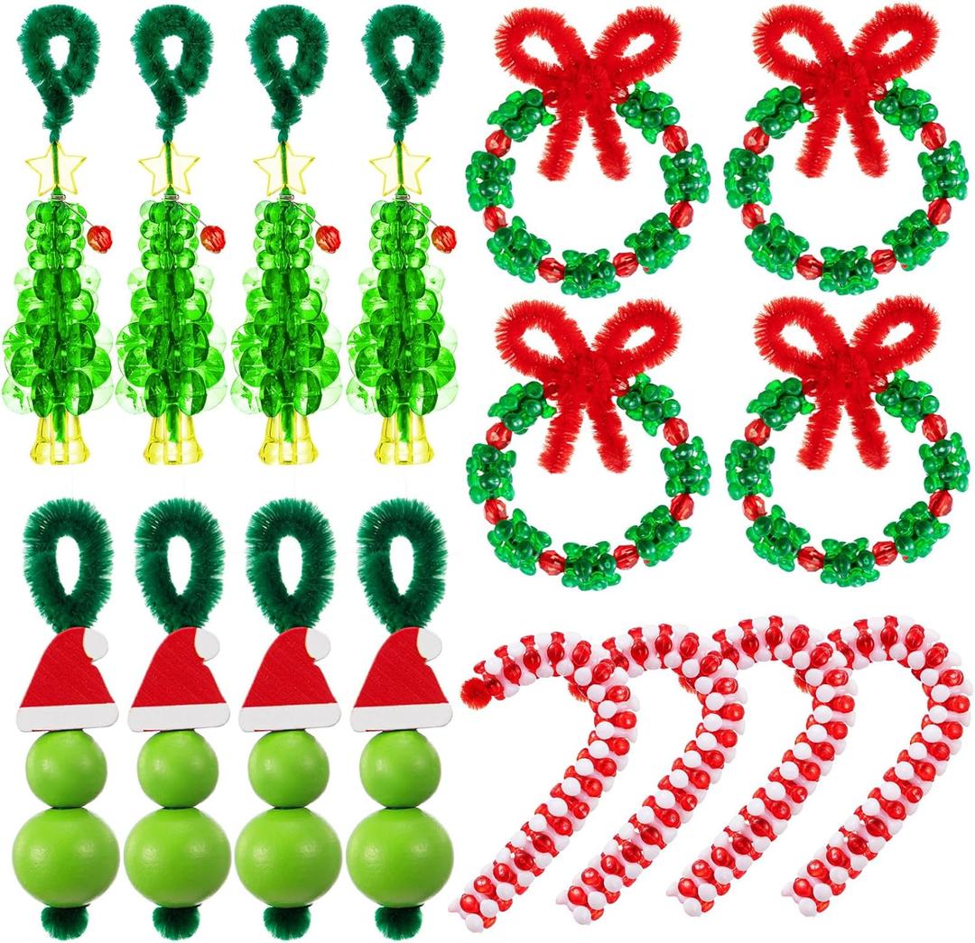 Syhood 24 Sets Christmas Crafts for Adults Lime Green Christmas Beaded Ornament Kit Including 6 Green Monsters 6 Xmas Trees 6 Candy Canes 6 Wreaths, DIY Xmas Ornaments Kits (Assembly Needed)