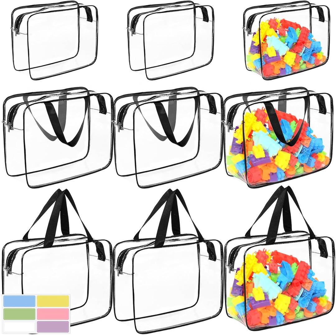9 Packs Clear PVC Toy Storage Bags Include 6 Pcs Large and 3 Pcs Medium Toy Organizer Bags with Labels, Portable Handheld Zipper Bags for Organizing Board Game, Building Blocks, Puzzle, Kids Books