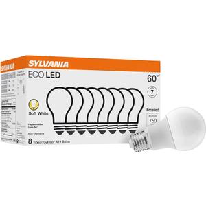 Sylvania ECO LED Light Bulb, A19 60W Equivalent, Efficient 9W, 7 Year, 750 Lumens, 2700K, Non-Dimmable, Frosted, Soft White - 8 Pack (40821)